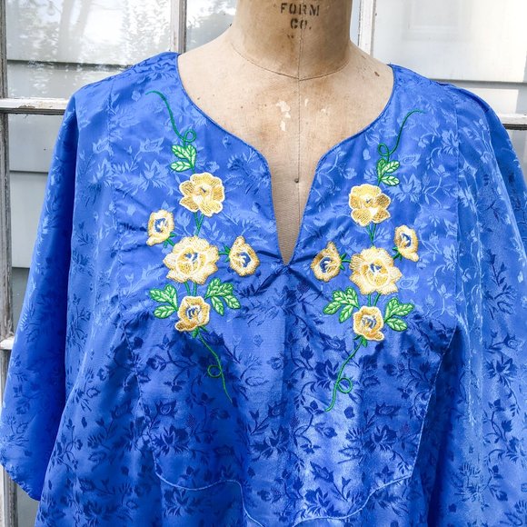 SOLD Vintage 80s Blue Embroidered Kaftan Mumu Maxi - Picture 2 of 7